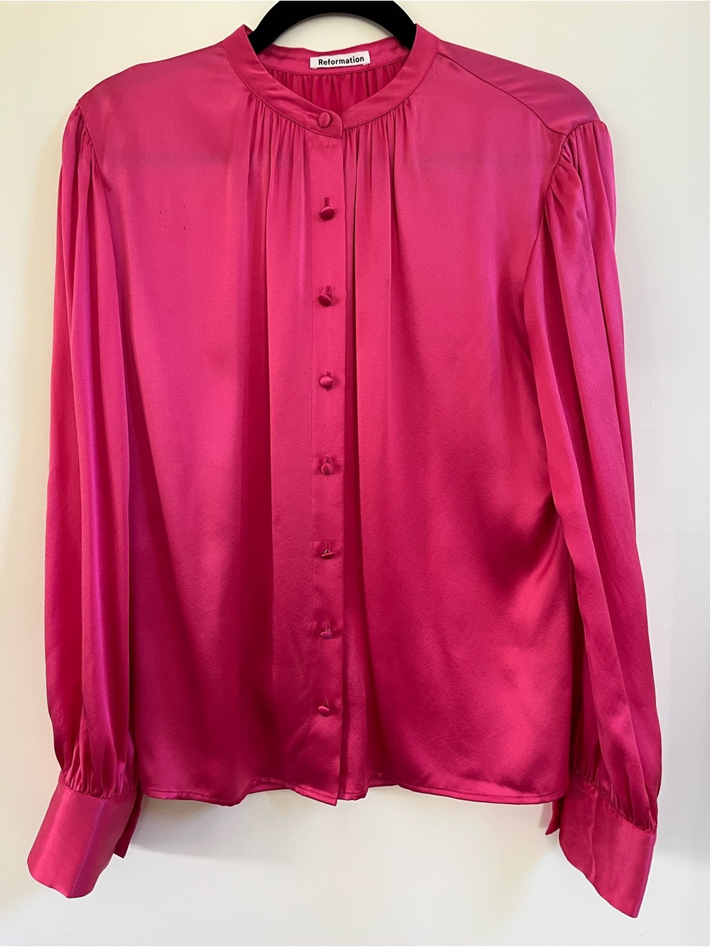 Reformation Fuschia Satin Button-Up Blouse